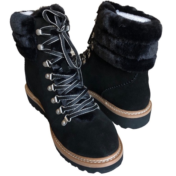 Splendid NWT Evita Lace Up Suede Faux Fur Trim Winter Boot Black Size 10 - Picture 2 of 15